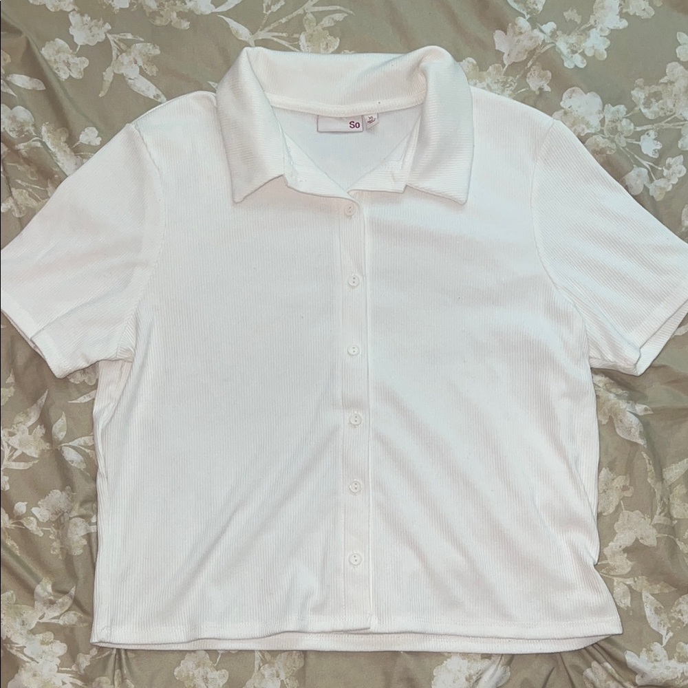So Ribbed White Button-Up Polo Shirt Size XL